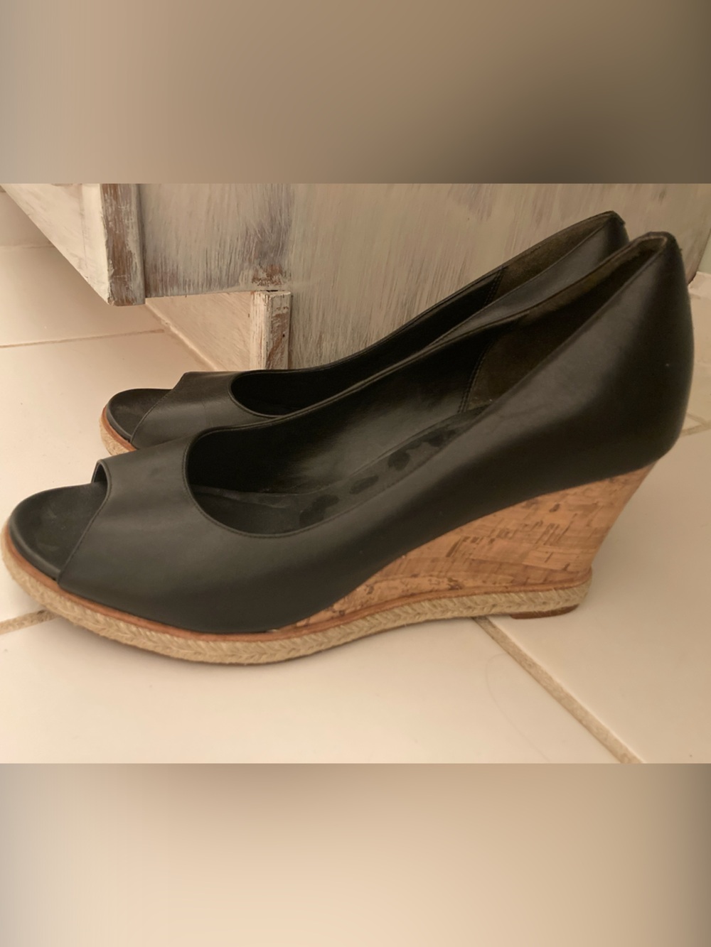 Black Peep-Toe Leather Cork Wedge Espadrille